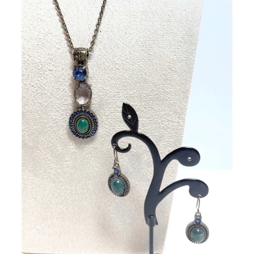 NRT Green Blue Glass Pendant Necklace Earrings Set Signed
